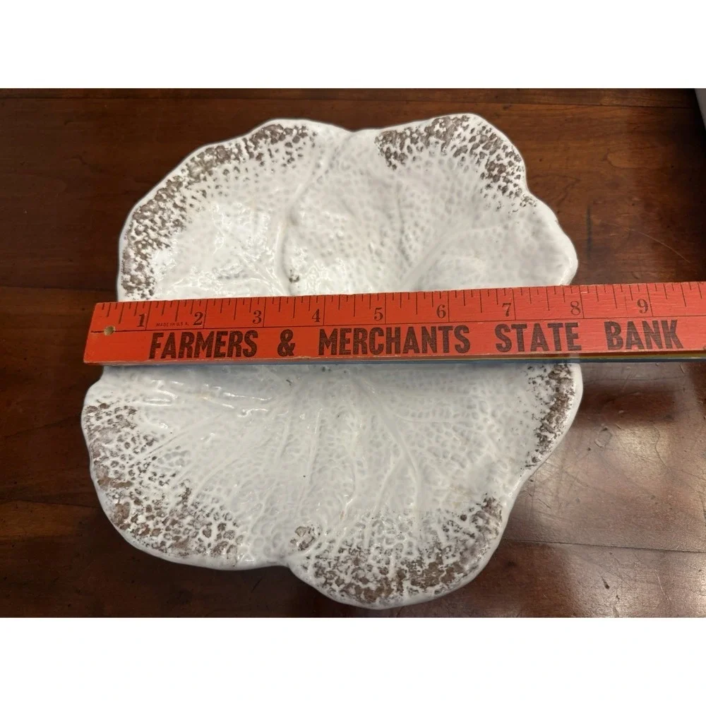 Vintage‎ White Majolica Cabbage Leaf Serving Bowl Textured Ruffled Brown Trim
